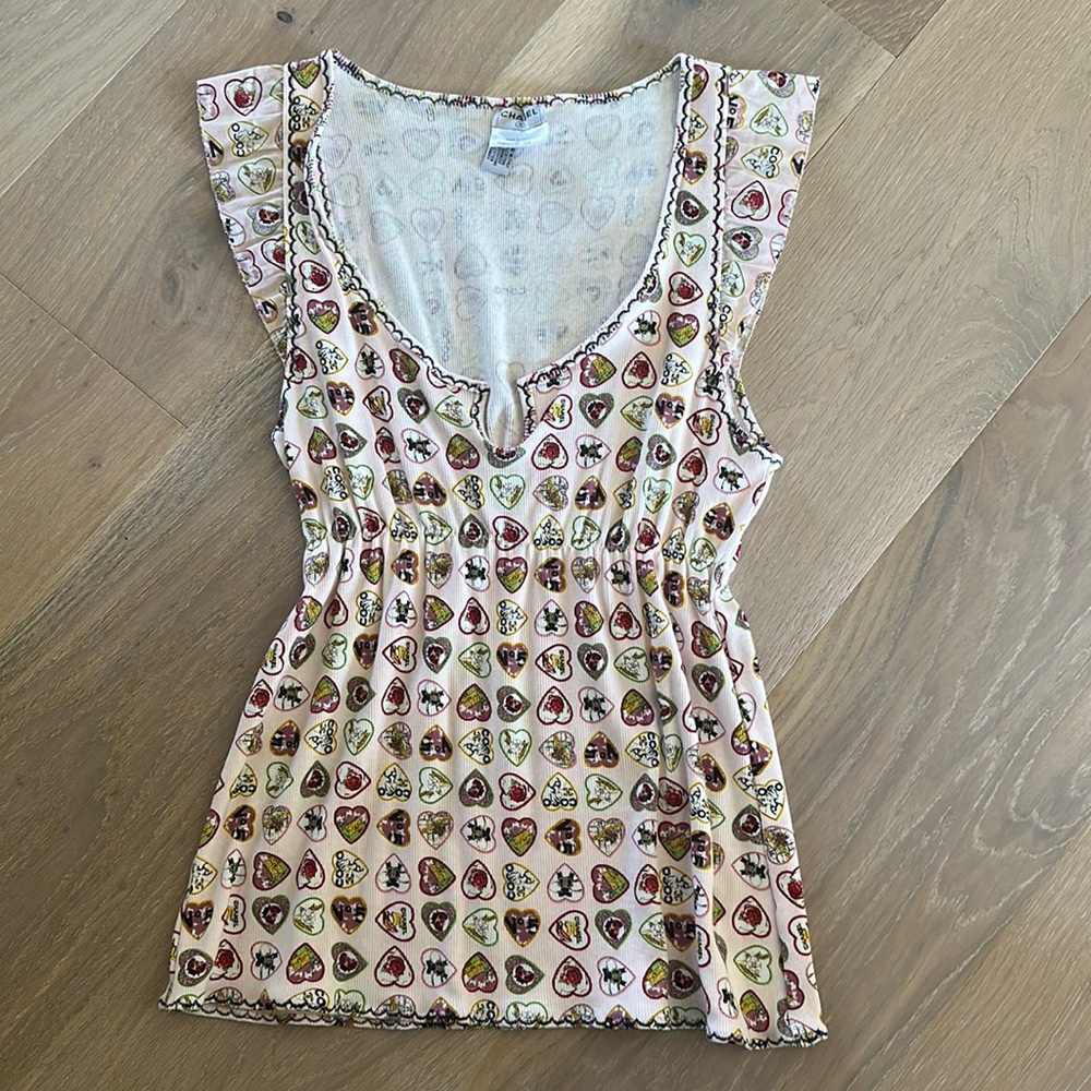 Vintage Chanel CC Pink Coco Heart Valentines Printed Top.